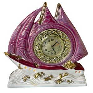 1950s Porcelain Pink Iredescent Nautical Sailboat Wave Base Tabletop Clock Light